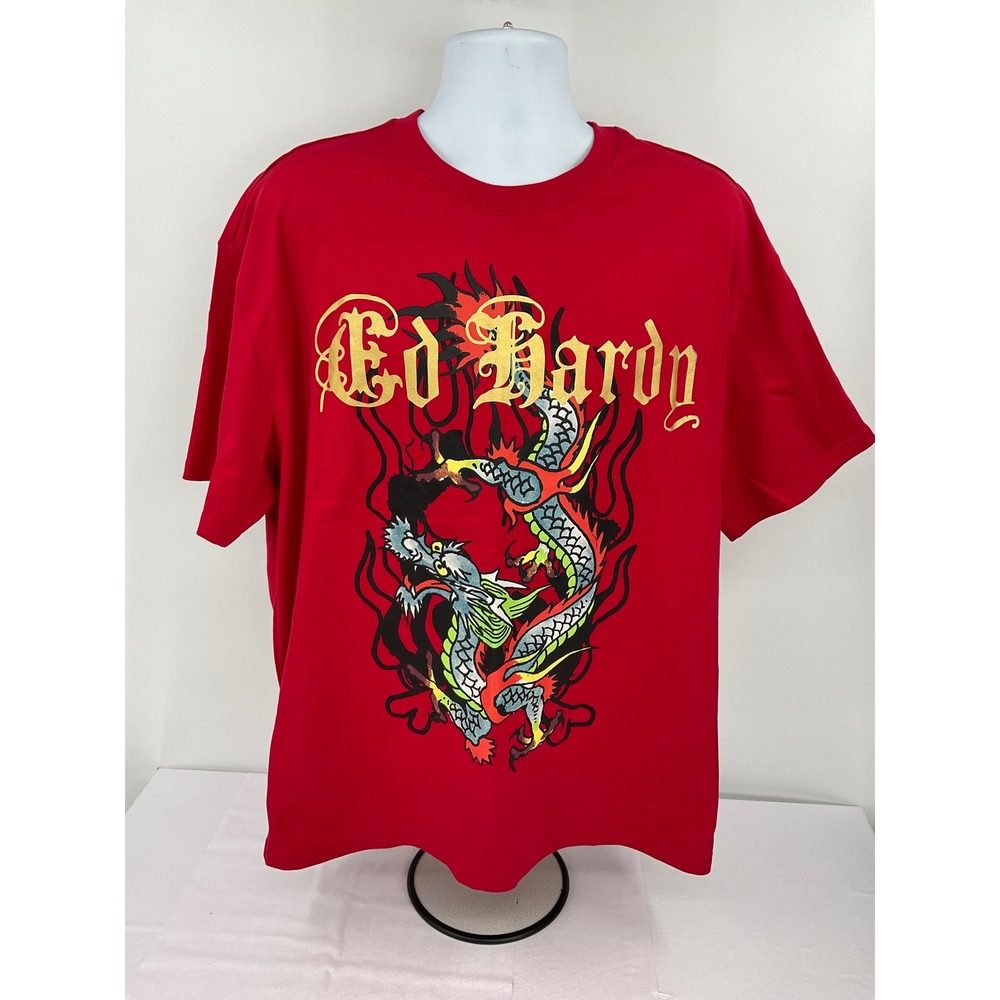 Ed Hardy Dragon Graphic T-Shirt Streetwear Casual Red XL‎ #1183